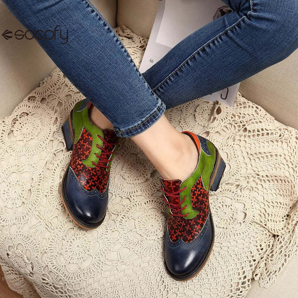 Socofy New Spring Genuine Leather Round Toe Lace-up Mixed Colors Ethnic Casual Sewing Pumps