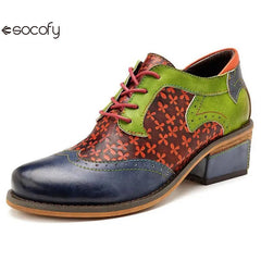 Socofy New Spring Genuine Leather Round Toe Lace-up Mixed Colors Ethnic Casual Sewing Pumps