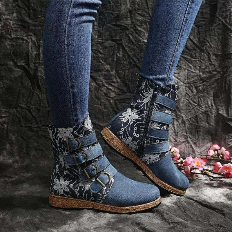 Socofy Women boots Leather Female Retro Printed Metal Buckle Soft Leather Zipper Ankle Boots