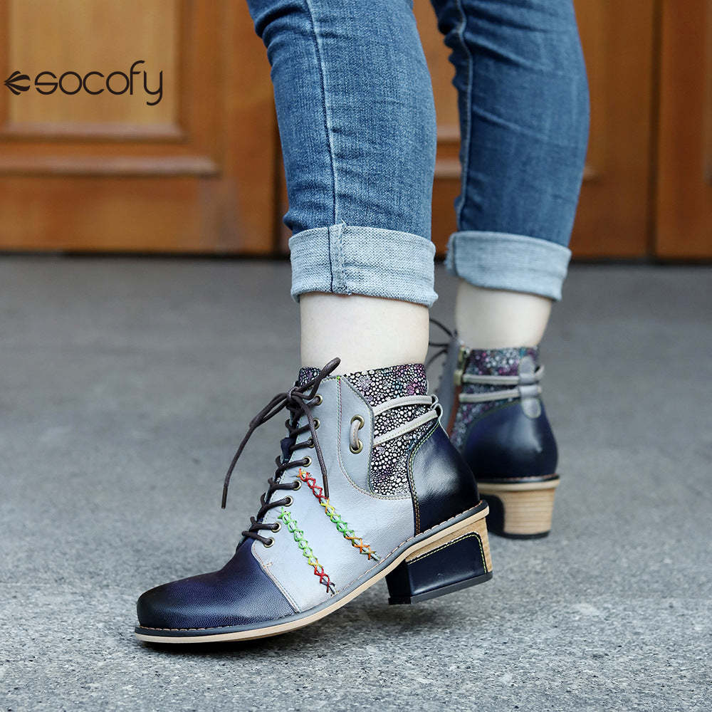 Socofy Vicconfy Handmade Leather Scuffed Vintage Women's Boots