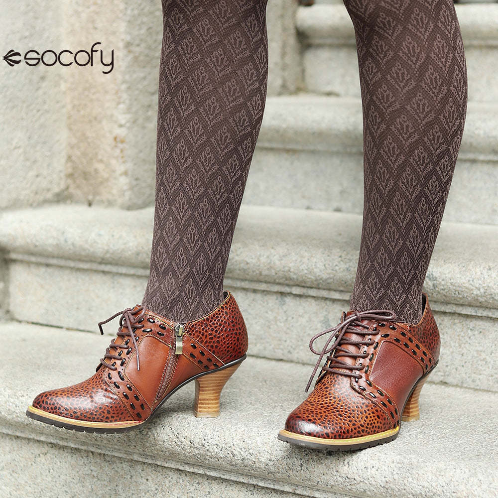 Socofy Leather Leopard Print Lace Up Women's High Heels