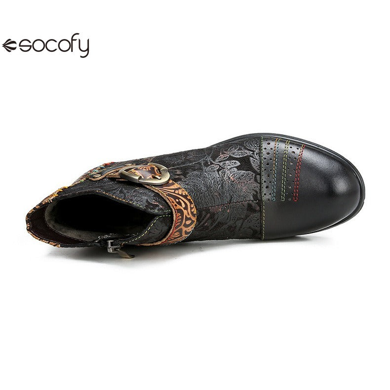 SOCOFY Genuine Leather Ethnic Style Round Toe Belt Buckle Handmade Embossing Short Boots