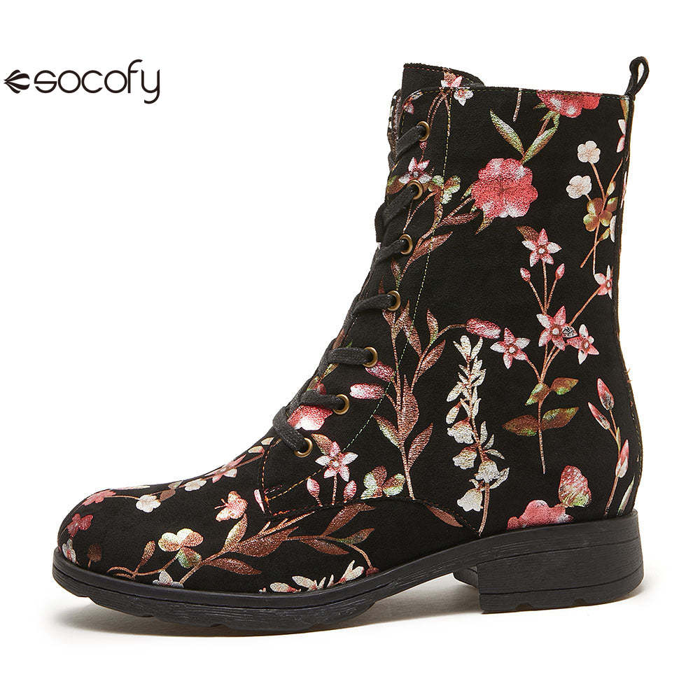 Socofy Autumn and winter warm and wear-resistant mid-calf round-toe cowhide leather fashion boots