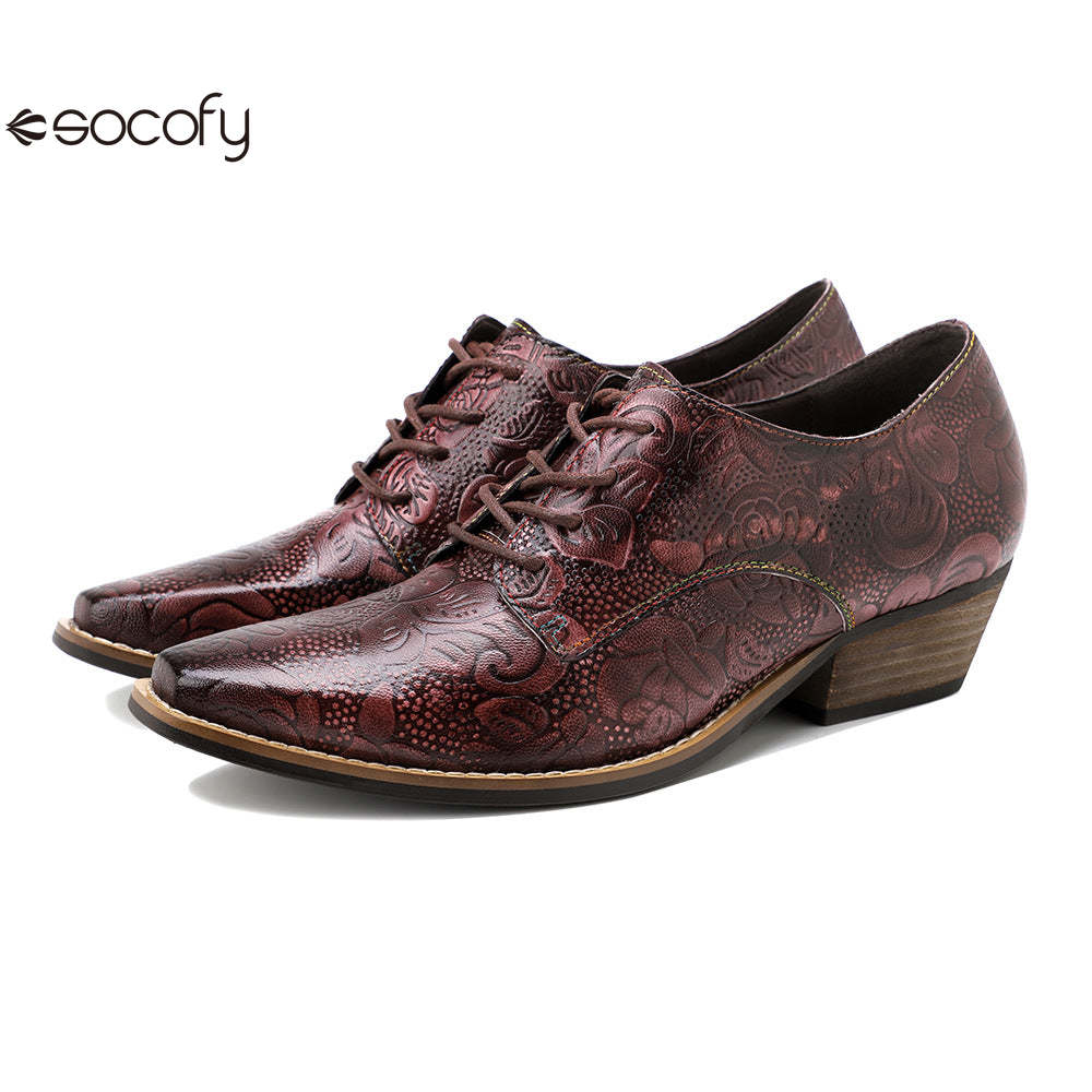 Socofy leather retro British style dark flower texture women's thick heel flat shoes