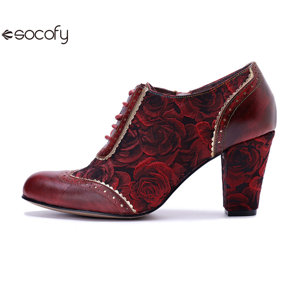 Socofy Genuine Leather Women's Leather Rivets Vintage French Court Style Elegant High Heels