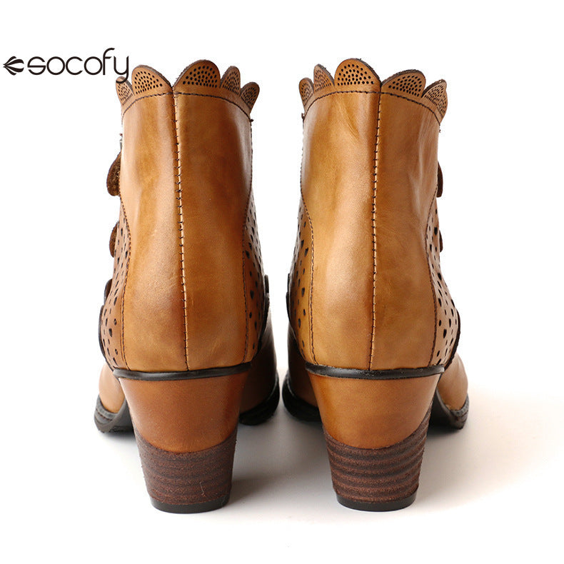 Socofy Vicconfy Retro Cutout High Heel Leather Boots