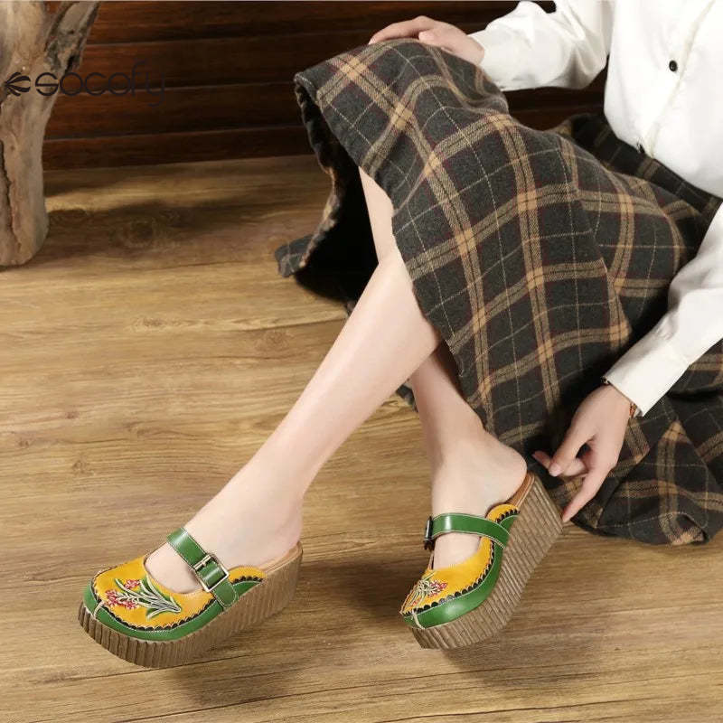 Socofy Ethnic Style Genuine Leather Hand-painted Outside Wedges Slides Retro Platform Slippers