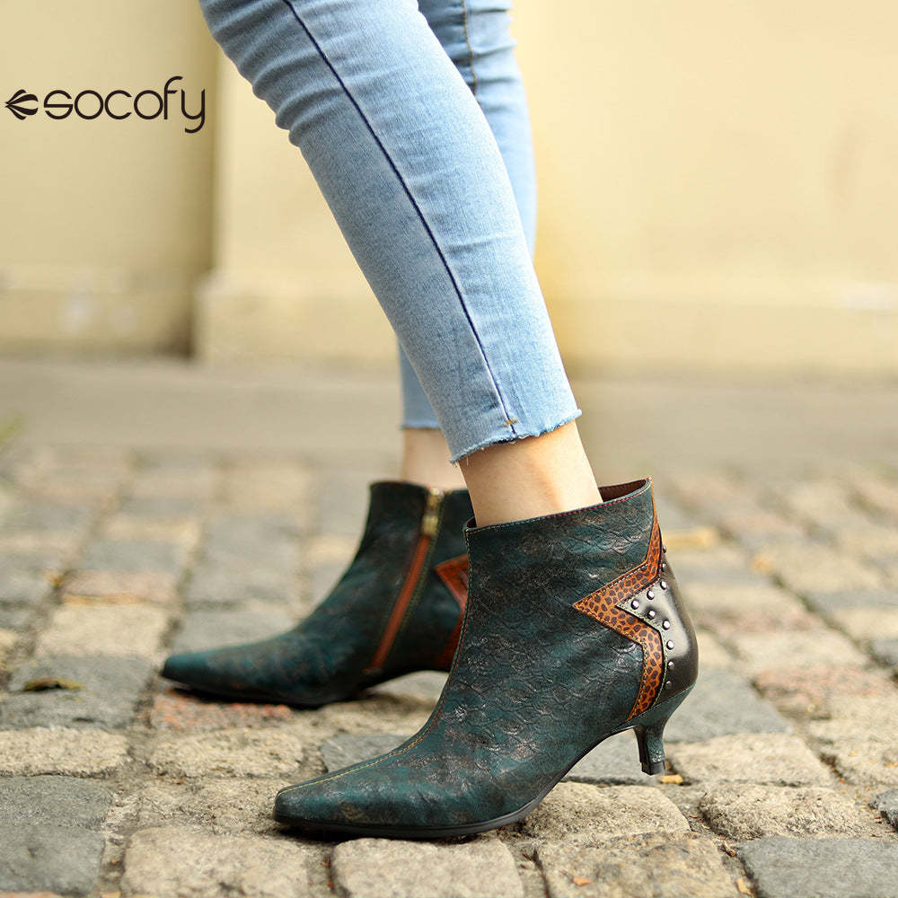 Socofy French Retro Metallic Dark Studded Studded Wrap Heel Design Slim Heel Women's Boots