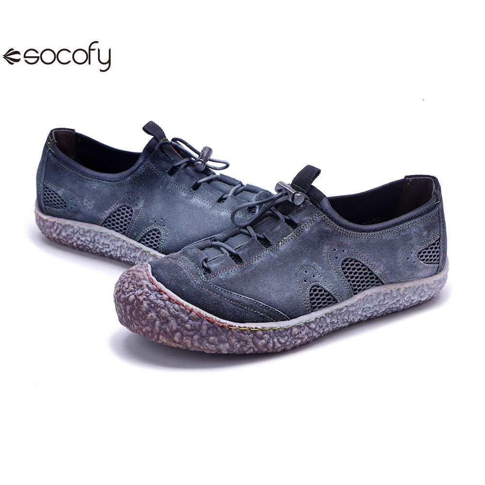 Socofy Vicconfy Genuine Leather Vintage Scuffed Comfort Breathable Mesh Loafers