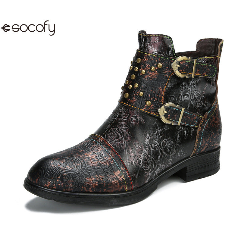 Socofy Vicconfy Genuine Leather Ethnic Vintage Rivet Belt Buckle Boots