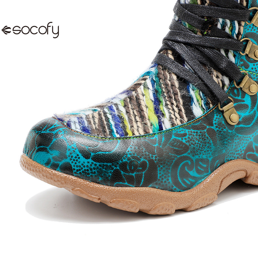 Socofy Genuine Leather Vintage Printed Wool Lace Up Comfortable Flat High Boots