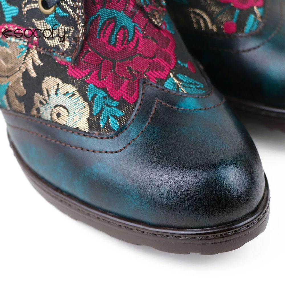 Socofy Genuine Leather short Embroidered flowers round toe high heel fashion boots for women