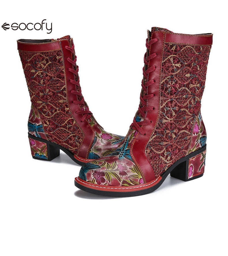 Socofy Vicconfy Leather Side Zipper Fashion VintageWomen's Boots