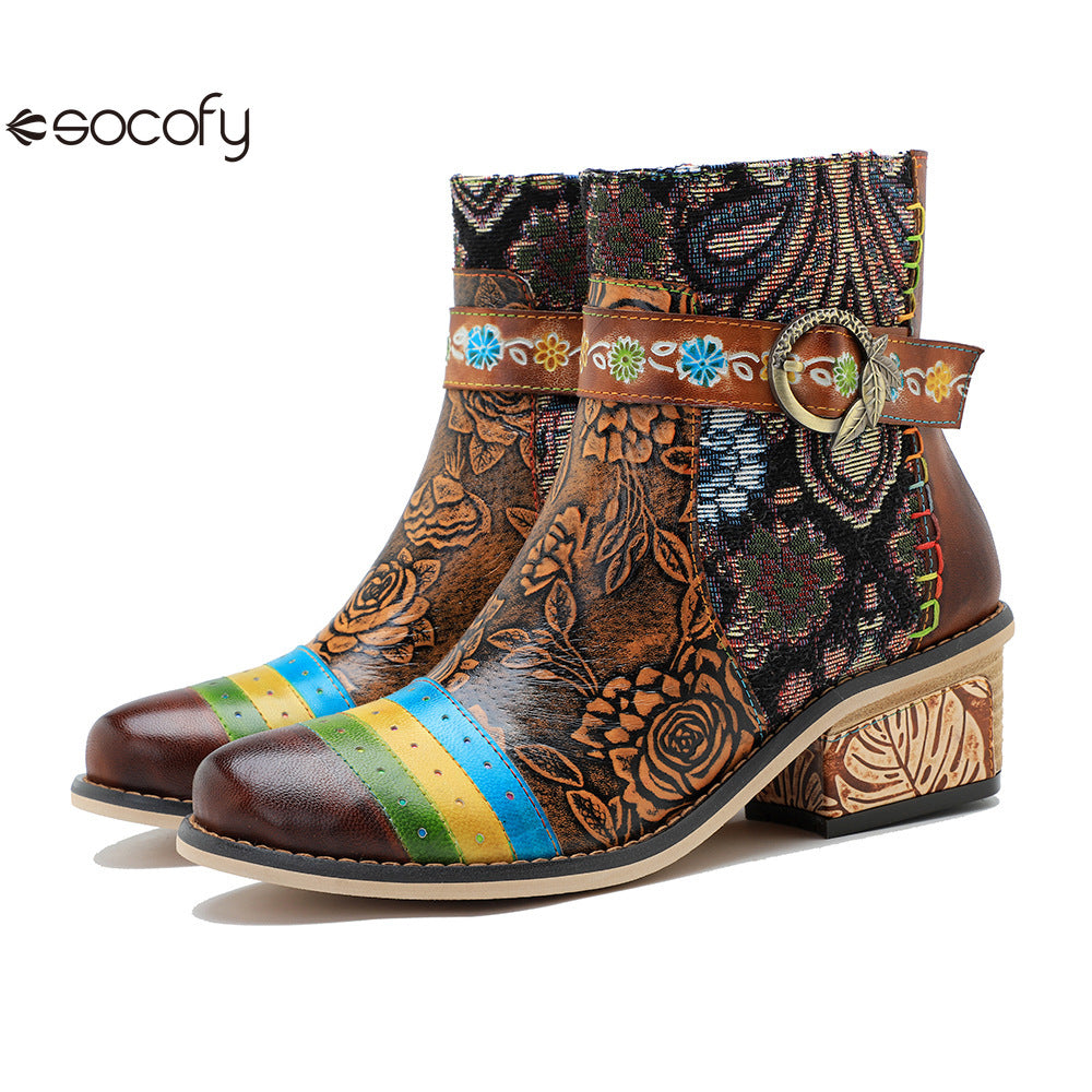 Socofy Vicconfy Genuine Leather Floral Vintage Casual Comfort Ankle Boots