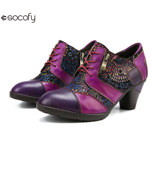 Socofy Vicconfy Genuine leather high heeled three-dimensional flowers drawstring pumps 790