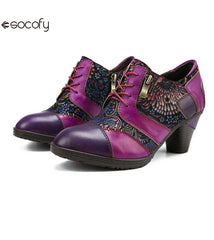 Socofy Vicconfy Genuine leather high heeled three-dimensional flowers drawstring pumps