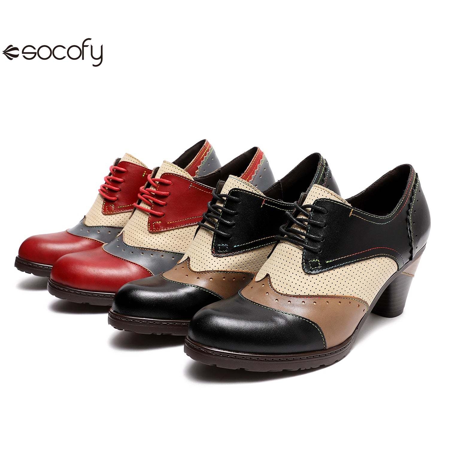 Socofy Thick-heeled retro ethnic style low-top round-toe women pumps