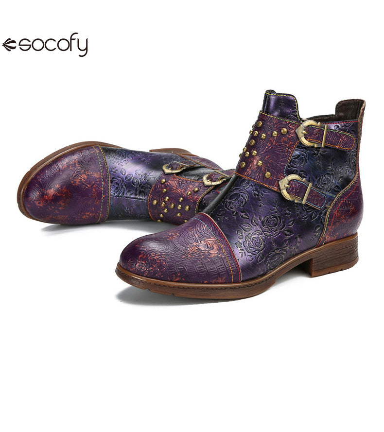 Socofy Vicconfy Genuine Leather Ethnic Vintage Rivet Belt Buckle Boots