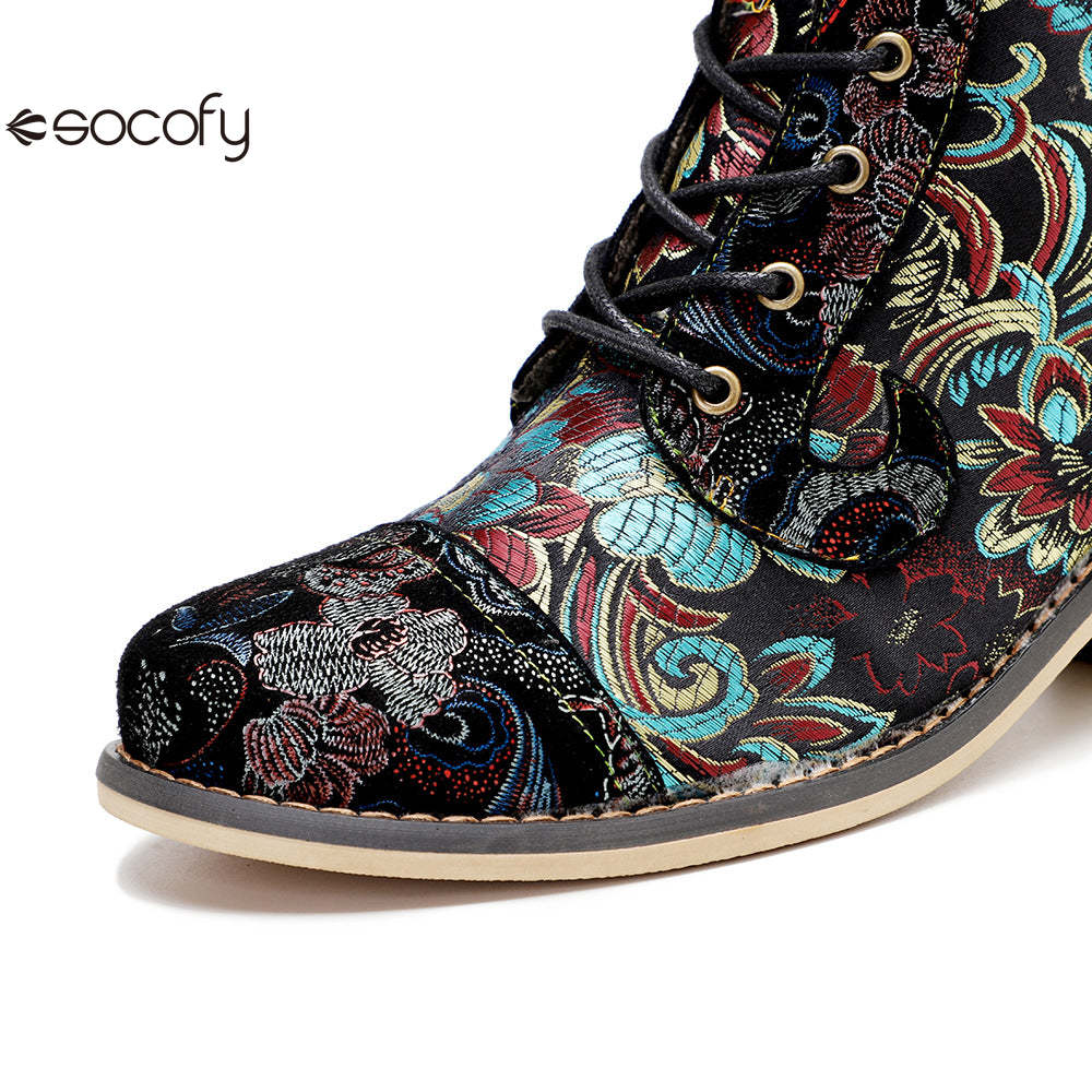 Socofy Vicconfy Vintage Printed Embroidered Casual Women's Boots