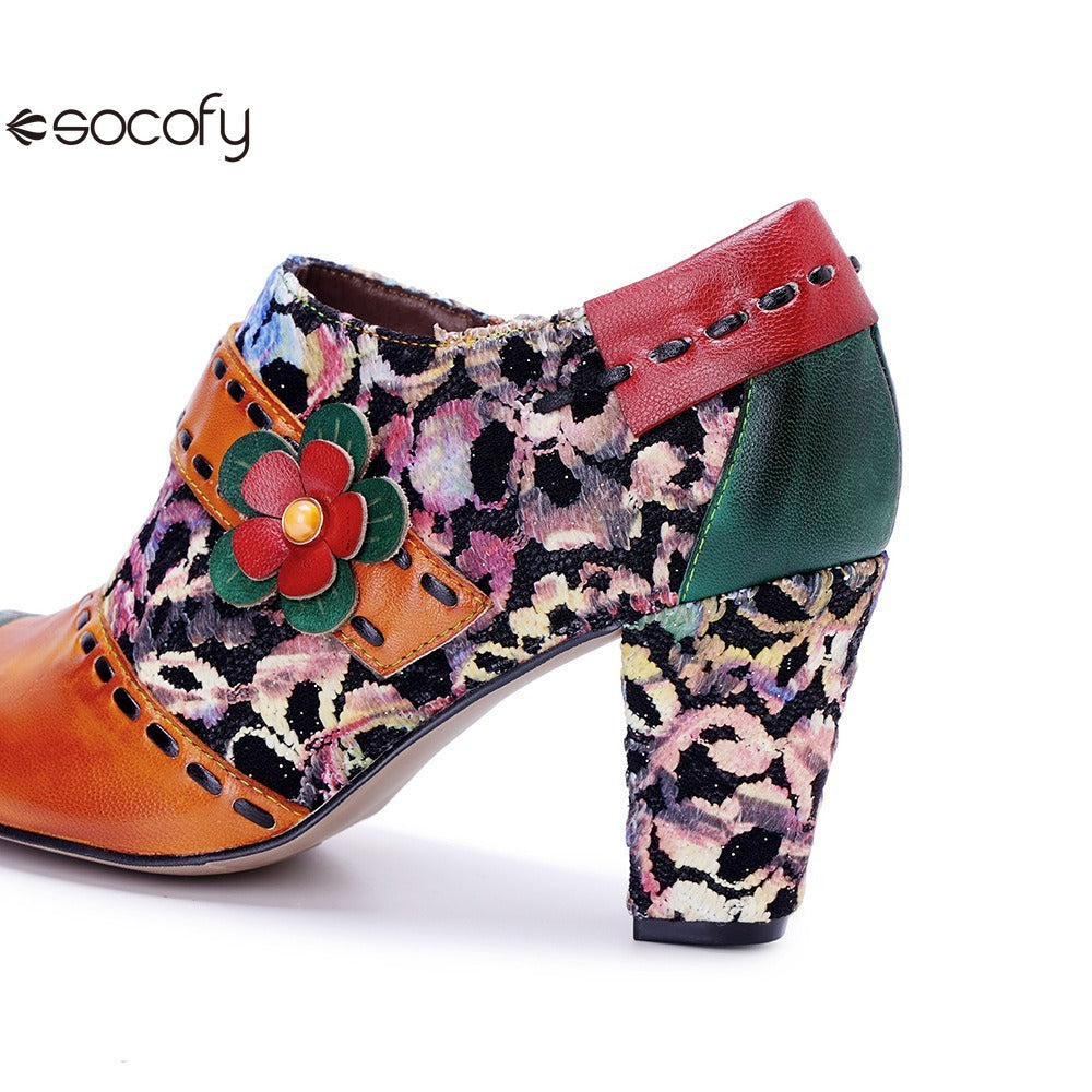 Socofy Genuine Leather Vintage Floral Chunky Heeled Women Pumps