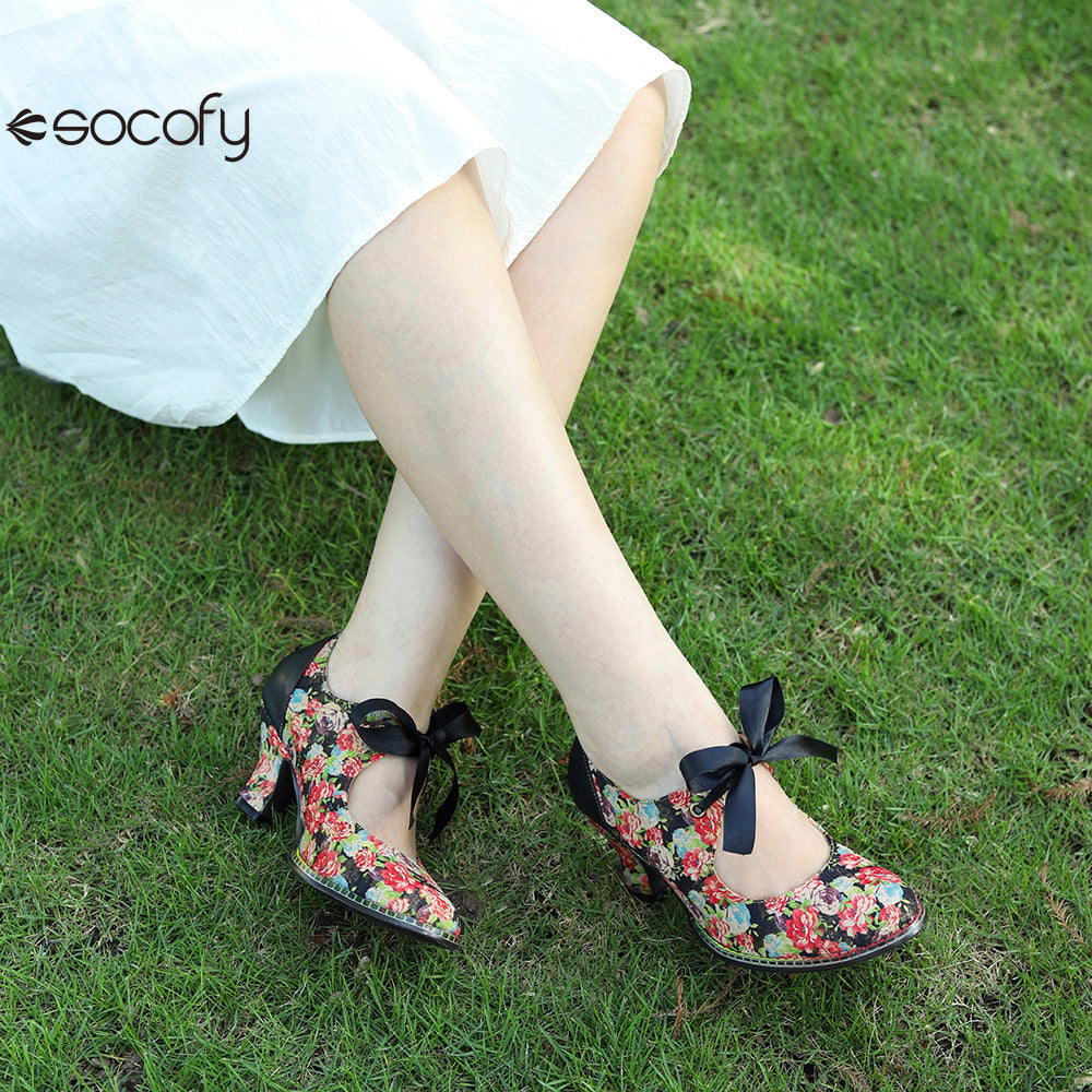 Socofy Vintage Rustic Broken Flower Strappy Bow High Heels