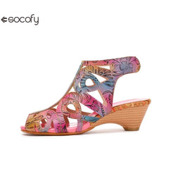 Socofy Colour Retro Genuine Leather Handmade Fashion Concise Ladies Hollow Mid-heeled Sandals