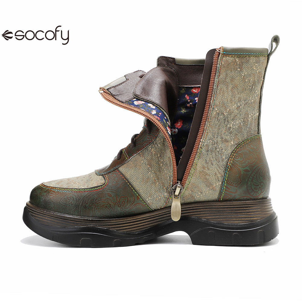 Socofy Vicconfy Genuine Leather Vintage Lace-Up Comfort Boots