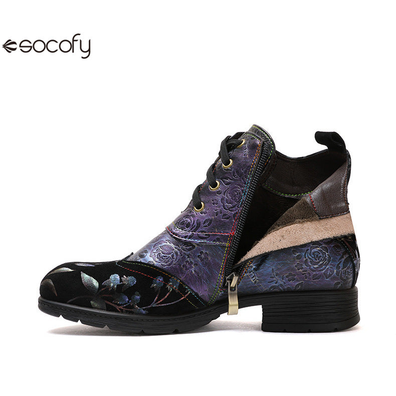 Socofy Vicconfy Genuine Leather Ethnic Illusion Blue Purple Vintage Ankle Boots