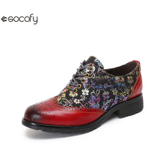 Socofy Ethnic style flower retro cowhide casual women's shoes