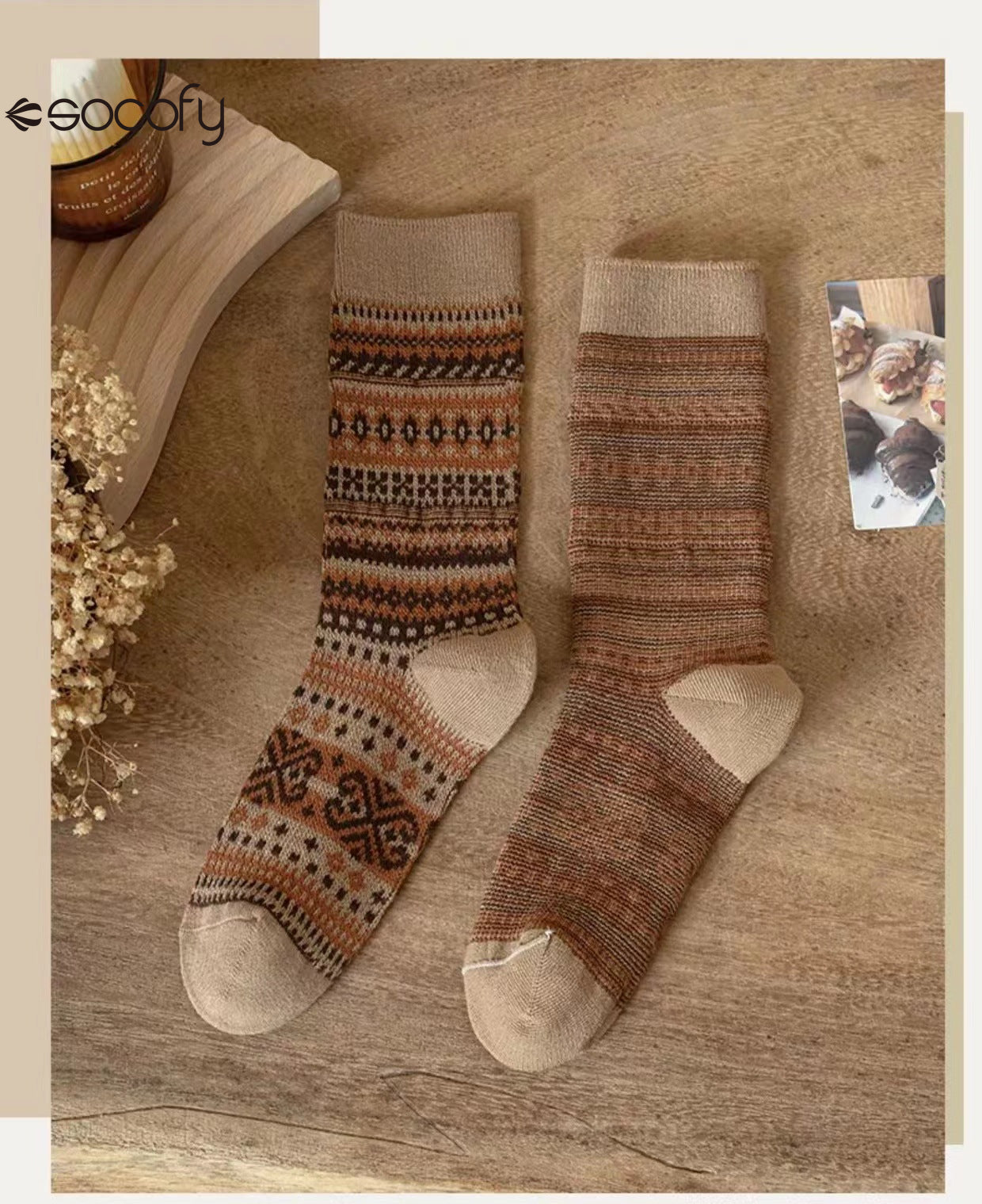 Socofy Vicconfy Mid-calf Socks Vintage Ethnic Striped Cotton Socks