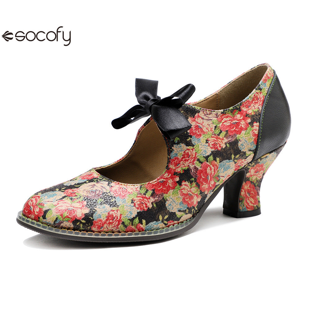 Socofy Vintage Rustic Broken Flower Strappy Bow High Heels