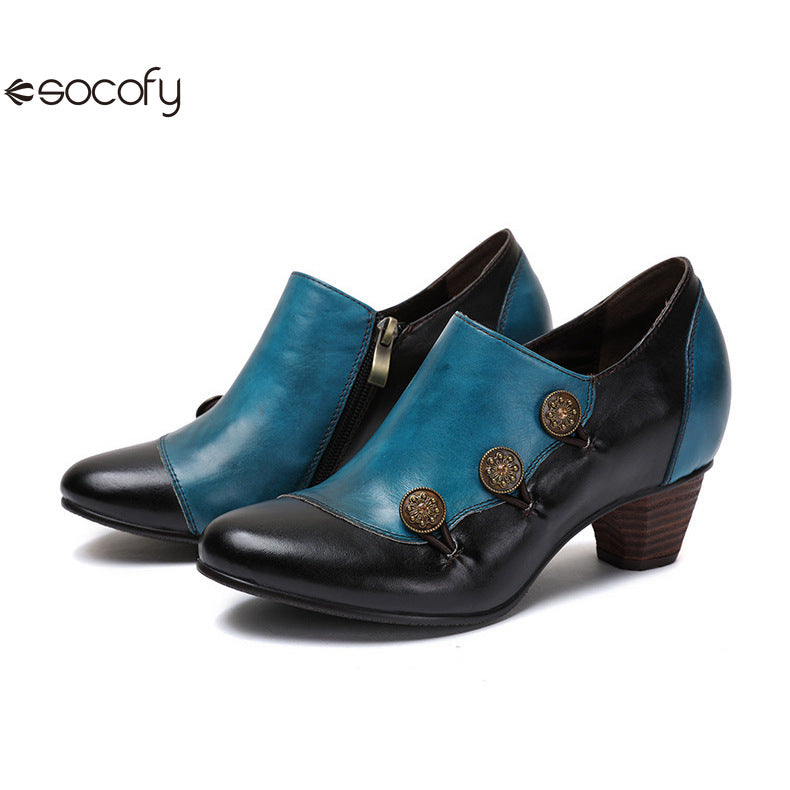 Socofy Vicconfy Genuine Leather Ethnic Style Handmade Vintage Literary Buckle Heels