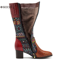 Socofy pointed-toe adhesive-soled high-top cowhide bohemian ethnic style fashion boots