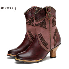 Socofy Vicconfy Leather Electric Embroidered Zipper Ankle Boots