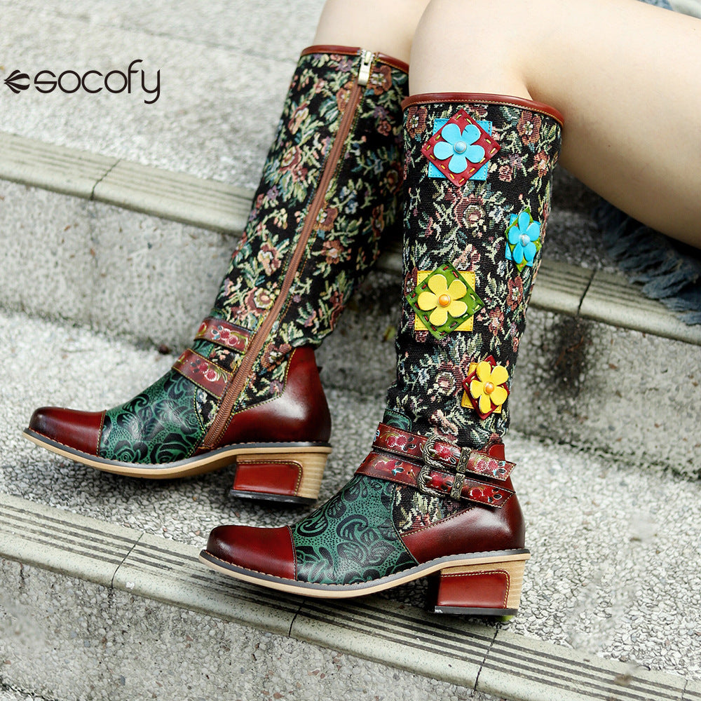 Socofy Vicconfy Handmade Color Rubbed Cubic Floral Belt Buckle Comfort Chunky Heel High Boots