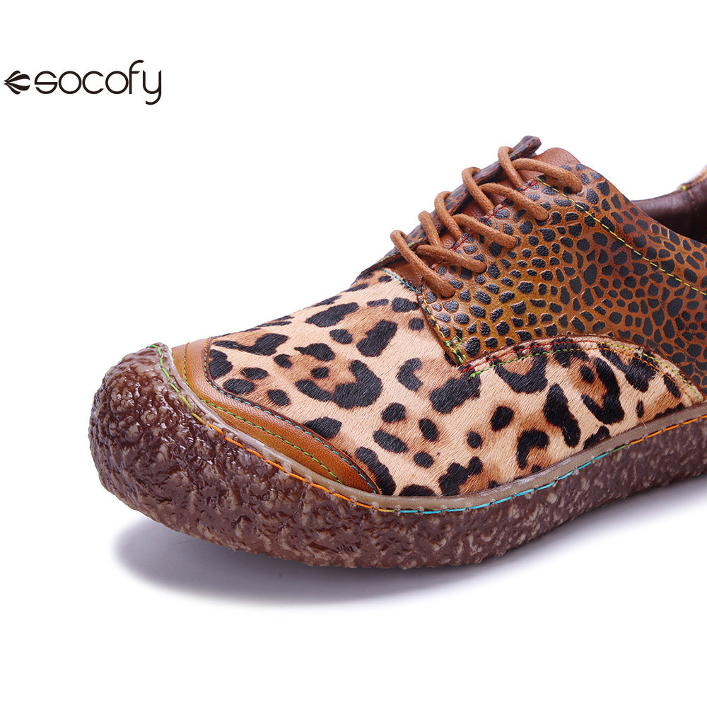 Socofy Vicconfy Genuine Leather Handmade Leopard Print Casual Comfort Loafers