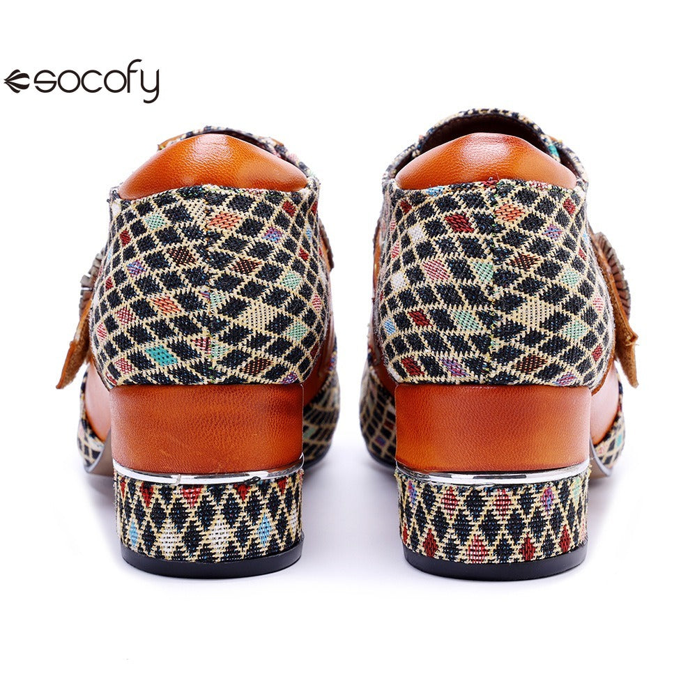 Socofy Genuine leather vintage plaid three-dimensional flowers pumps