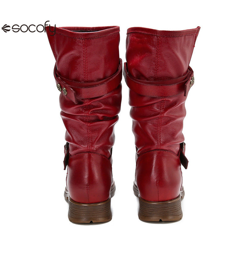 Socofy Vicconfy Genuine Leather Buckle Deco Cowhide Flat Long Boots