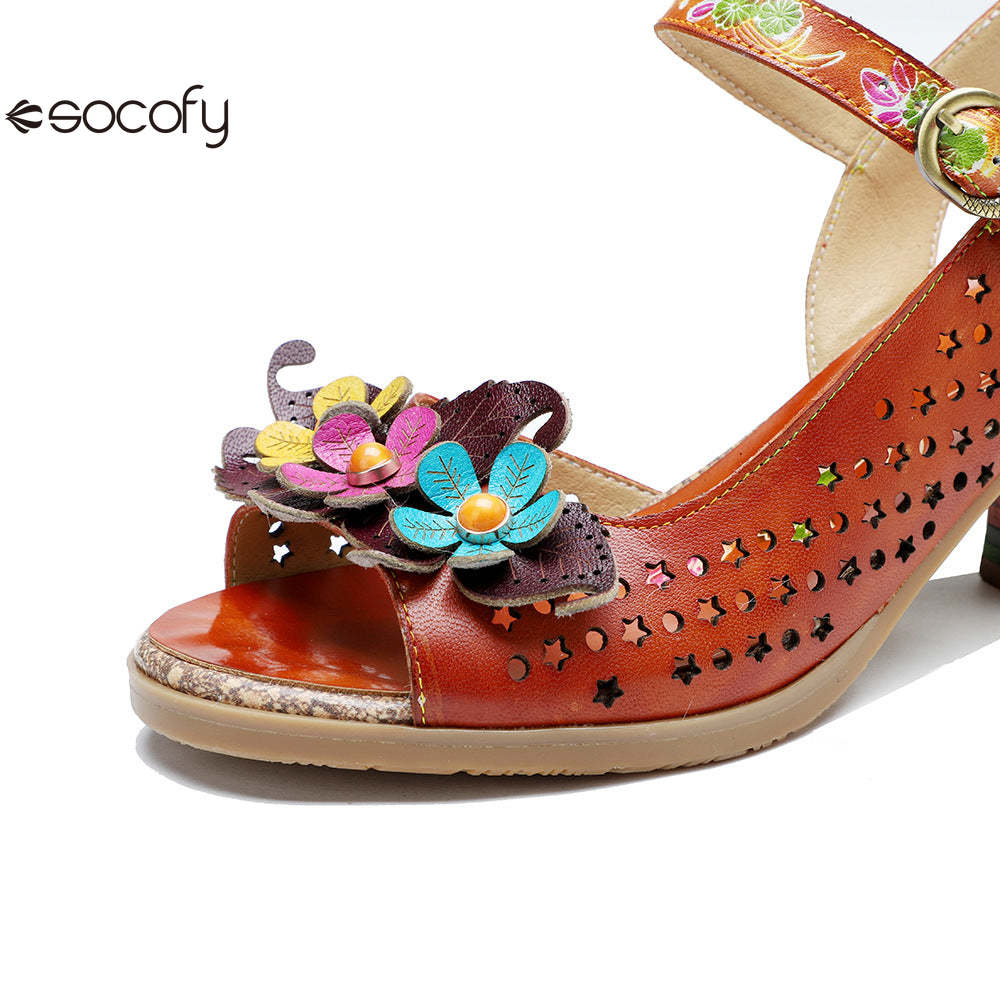 Socofy Summer Genuine Leather Hollow Three-dimensional Flower Comfortable Women's High Heels