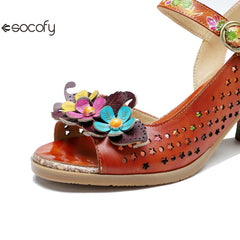 Socofy Summer Genuine Leather Hollow Three-dimensional Flower Comfortable Women's High Heels