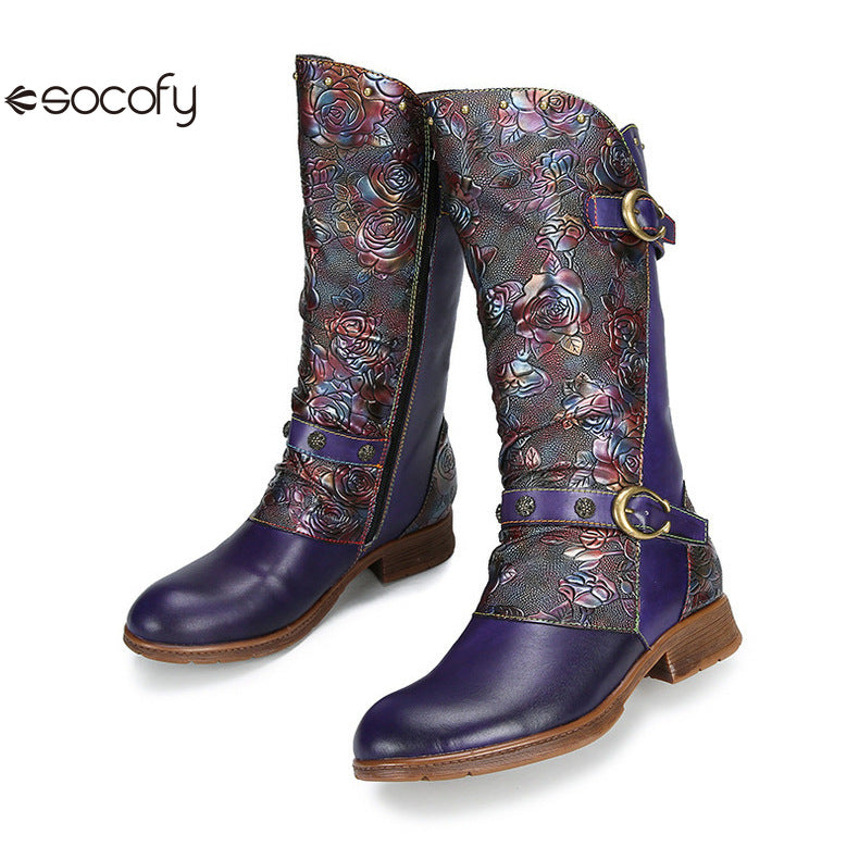 Socofy Vicconfy Side Zipper Vintage Floral Flat Heel Long Boots