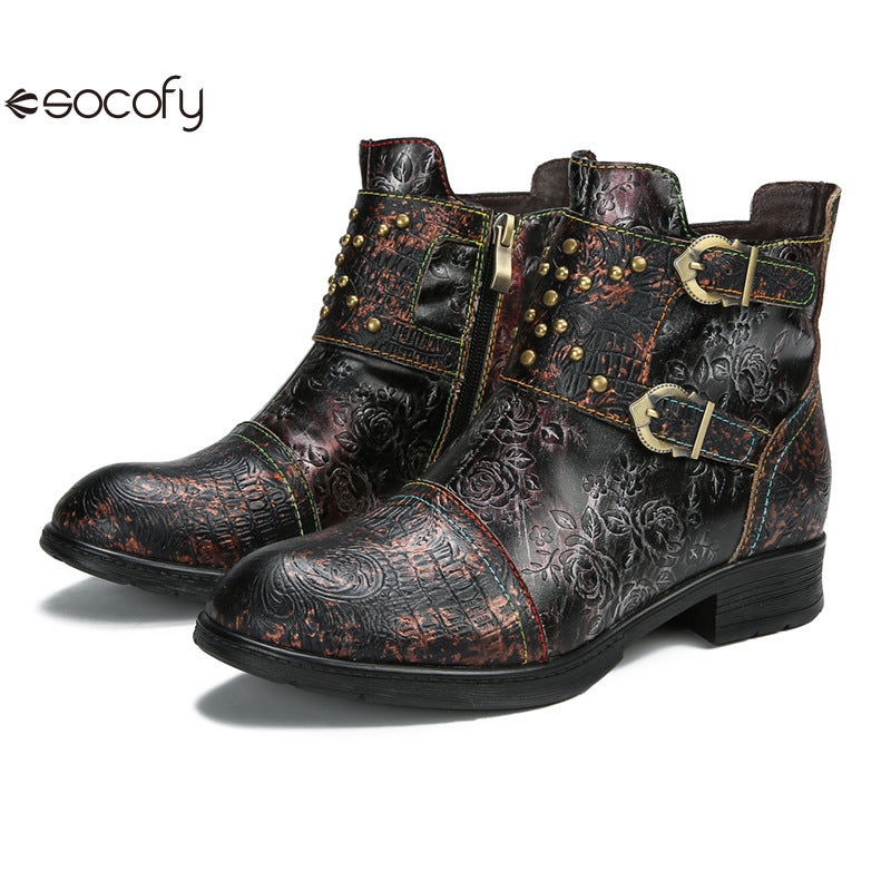 Socofy Vicconfy Genuine Leather Ethnic Vintage Rivet Belt Buckle Boots