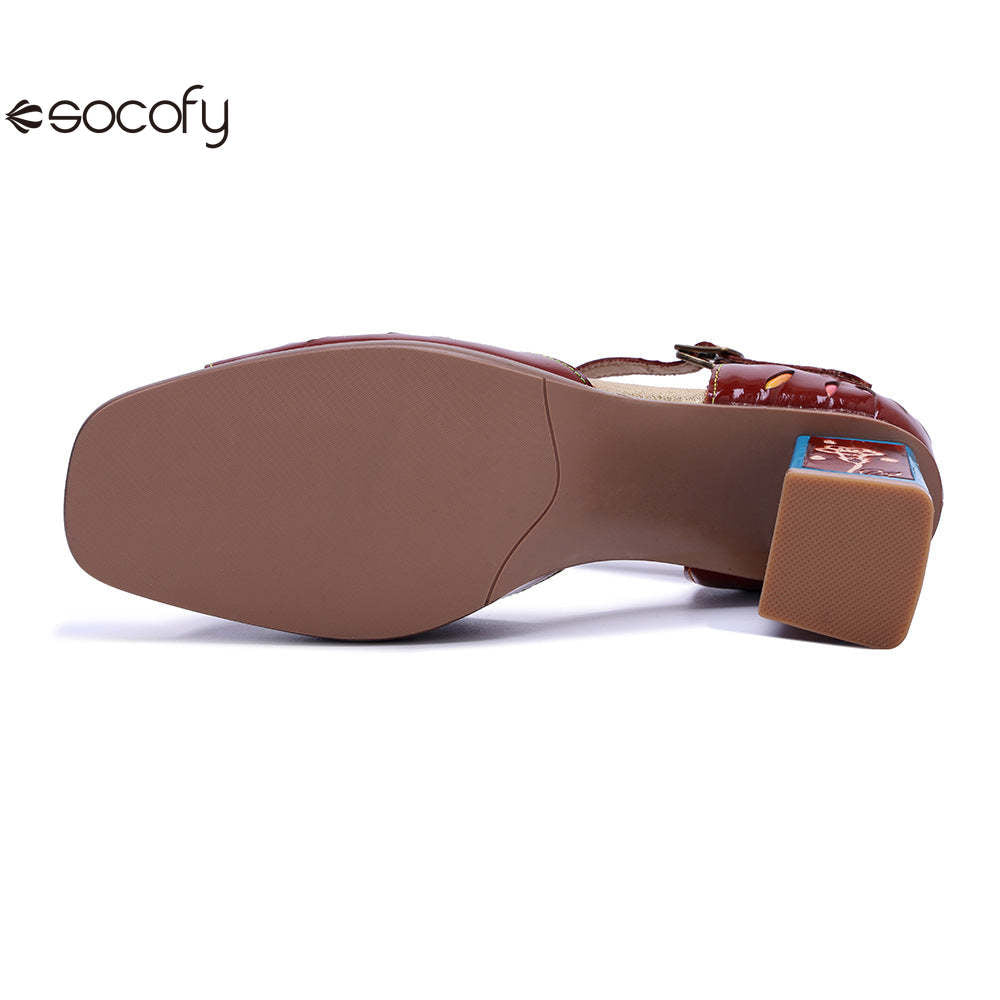 Socofy Vicconfy Women's Leather Handmade Color Rubbed Hollow Flower Square Heel High Heeled Sandals