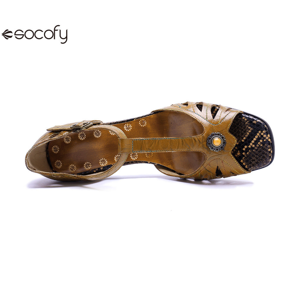 Socofy Leather Handmade Hollowed Out Vintage Heeled Sandals