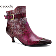 Socofy Leather Printed Patchwork Belt Buckle Slim Heel Women's Boots