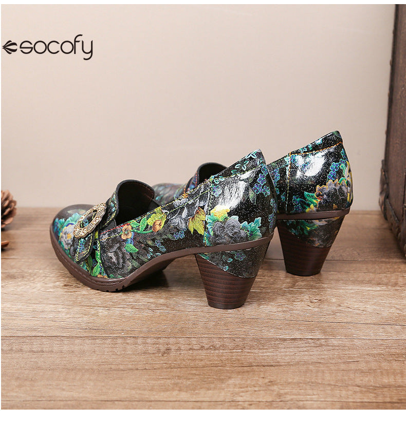 Socofy Vicconfy Round Toe Cowhide Leather Fashion Single Shoes Vintage Flower Heels Women's Shoes