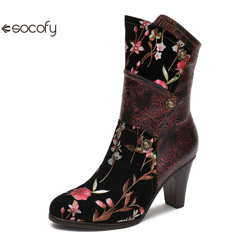 Socofy Vicconfy Court Leather Vintage Handmade High Heel Women's Boots