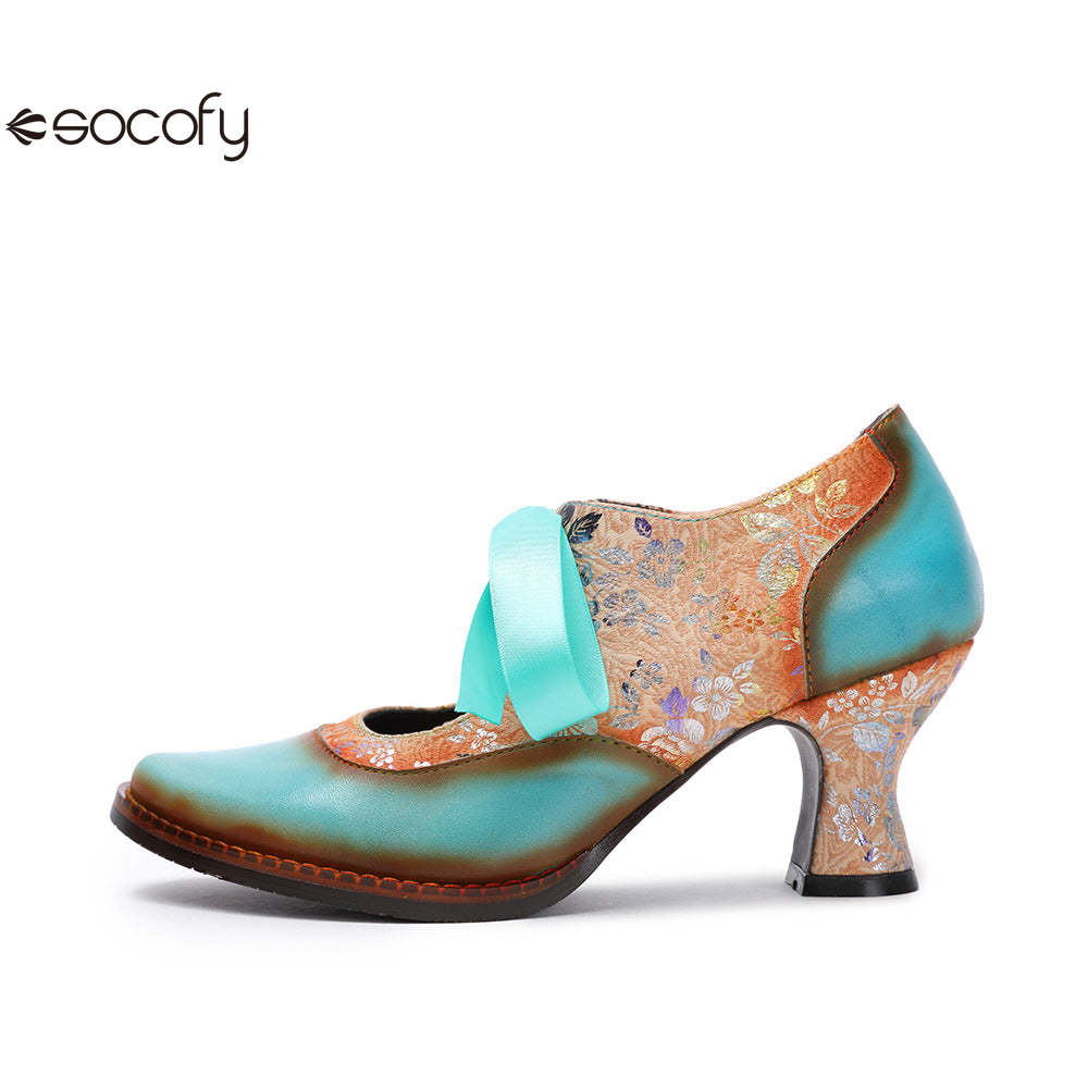 Socofy Summer flower blue ethnic style high-heeled ribbon lace-up women's shoes