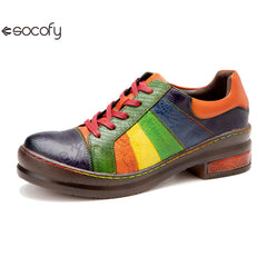 Socofy Colour Patchwork Genuine Leather Women's Flat Shoes