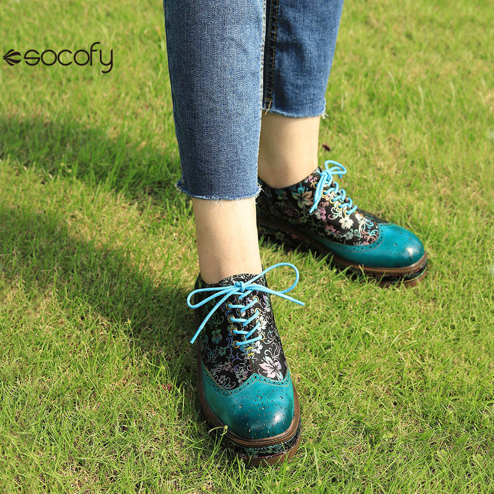 Socofy lace up deco casual shoes retro thick shoes Platform Flats